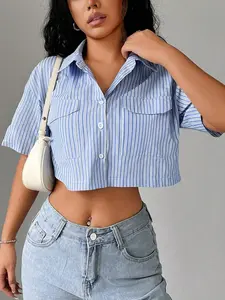 1 Piece Women's Summer Striped Casual Crop Shirt, Y2K Retro Short Sleeve Cropped Blouse