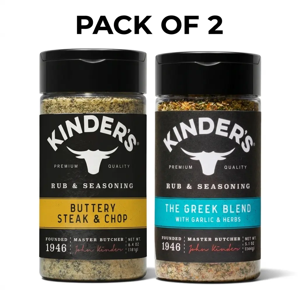 Kinder's Rub & Seasoning Variety Pack , Kinder's The Greek Blend Barbecue Rub and Seasoning for Grilling, 5 oz , Kinder's Buttery Steak and Chop Seasoning Blend with Butter and Smoky BBQ Spices, 6.4 oz