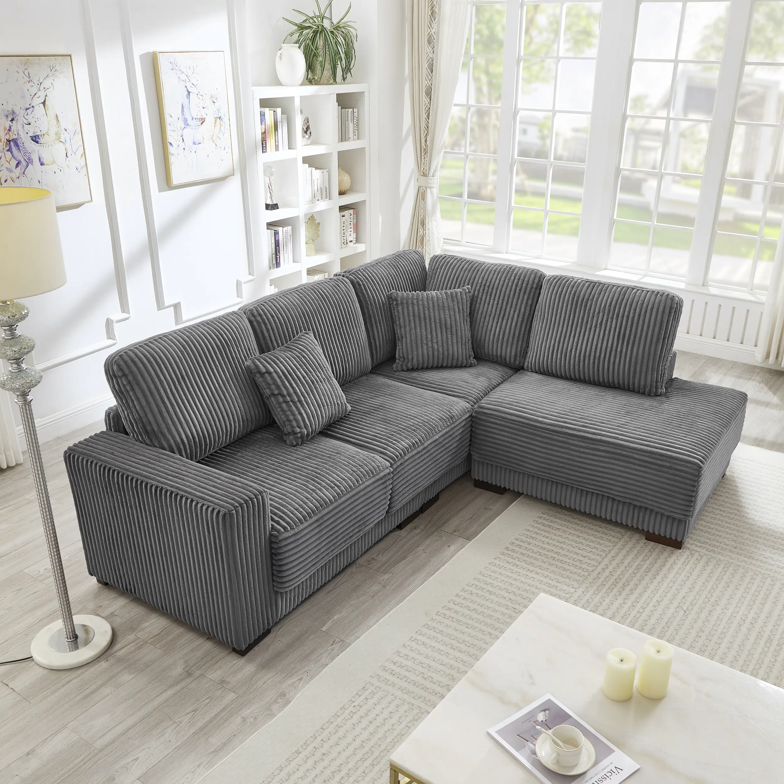 93" Sectional Sofa, L Niccae Shaped Sofa Couch with Reversible Chaise Lounge, Upholstered Soft Corduroy Couch for Living Room, Apartment