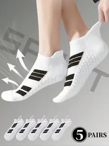 5 Pairs Stitched Striped Sweat-Wicking Breathable Thick Sole Running Basketball Sports Socks, Comfortable Outdoor Wear Athletic Running Socks