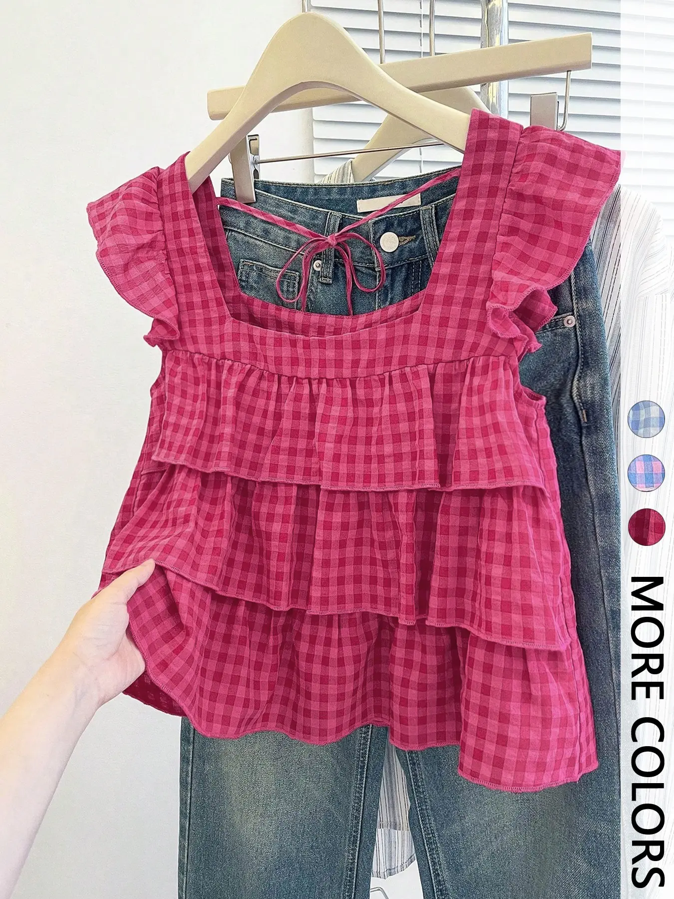 Women's Summer Cute Casual Comfy Classy Vacation Ruffled Ruffle Hem Sleeveless Square Neck Tie Back Adjustable Tank Top, Loose-Fitting Plaid Pattern, Perfect for Relaxing Days