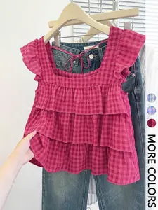 Women's Summer Cute Casual Vacation Ruffle Hem Sleeveless Square Neck Tie Back Tank Top, Loose-Fitting Plaid Pattern, Perfect for Relaxing Days