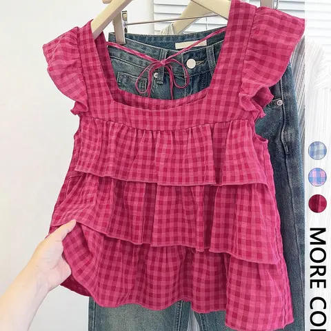Women's Summer Ruffle-Hem Square-Neck Tie-Back Adjustable Tank Top, Casual Cute, Loose Fit, Plaid Pattern, Perfect for Vacation