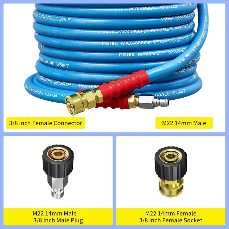 Washer Hose 50FT 3/8" for Cold & Hot Water (Up to 248?) 4800 PSI Kink Resistant Industrial Grade Steel Wire Braided QC Ends with 2 M22-14mm to 3/8" Adapters for Professional and Home