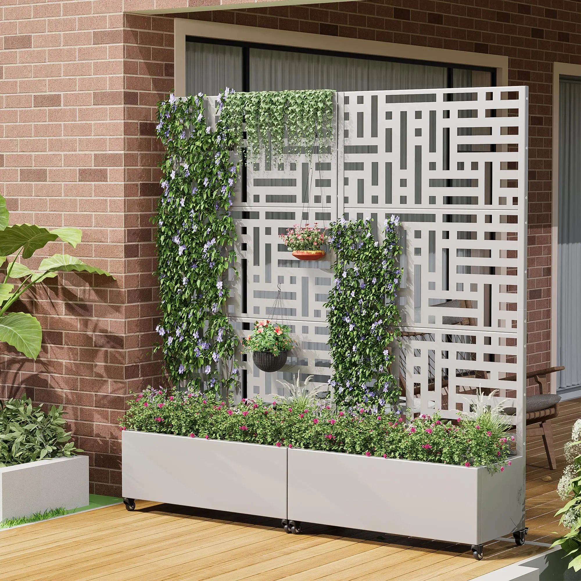 Metal Raised Garden Bed with Trellis, 6ft x 3ft x 1.3ft Large Rectangular Planter Box for Vegetables, Flowers & Climbing Plants, Outdoor Decorative Gardening Bed in Multiple Patterns