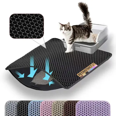 Petinstinct Double Layer Honeycomb Grid Cat Litter Mat - 24x18in Large Black Universal Fit, Efficient Trapping, Reduces Spillage, Easy Cleaning, Clean, Fully Washable, Waterproof, Non-Slip, Soft on Paws, Scratch Resistant, Non-Slip And Waterproof