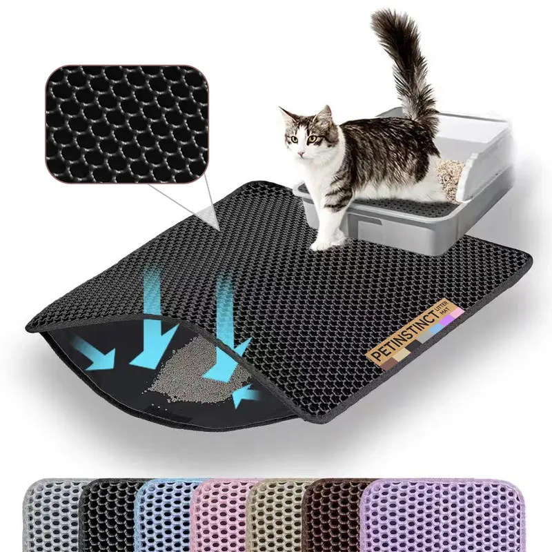 Petinstinct Double Layer Honeycomb Grid Cat Litter Mat - 24x18in Large Black Universal Fit, Efficient Trapping, Reduces Spillage, Easy Cleaning, Clean, Fully Washable, Waterproof, Non-Slip, Soft on Paws, Scratch Resistant, Non-Slip And Waterproof
