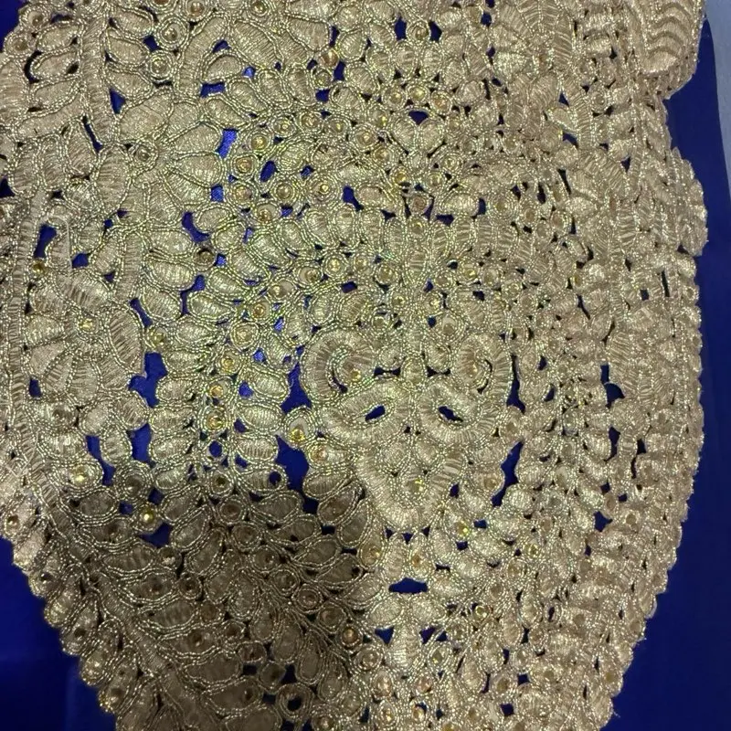 Elegant Gold Embroidered Applique for Blue Fabric - Perfect for Traditional Wear