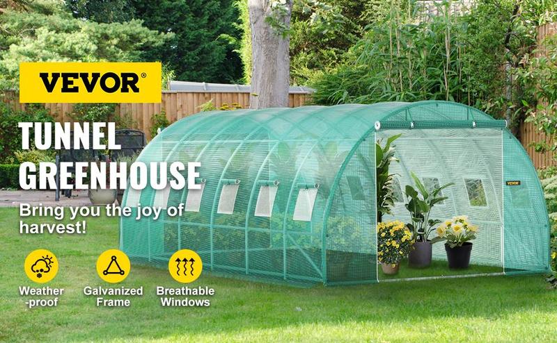 VEVOR Walk-in Tunnel Greenhouse, Portable Plant Hot House w/ Galvanized Steel Hoops, Top Beams, Diagonal Poles, Zippered Doors & Roll-up Windows