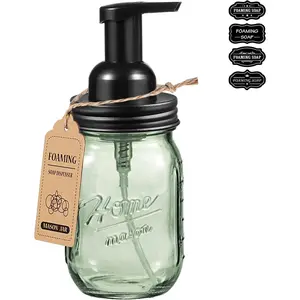 16Oz Mason Jar Foaming Soap Dispenser, Stainless Steel Lid,  Pump, Green Glass  Hand Soap Dispenser, Refillable Liquid  Dispenser Bottle for Bathroom Kitchen, Dish Soap-Black