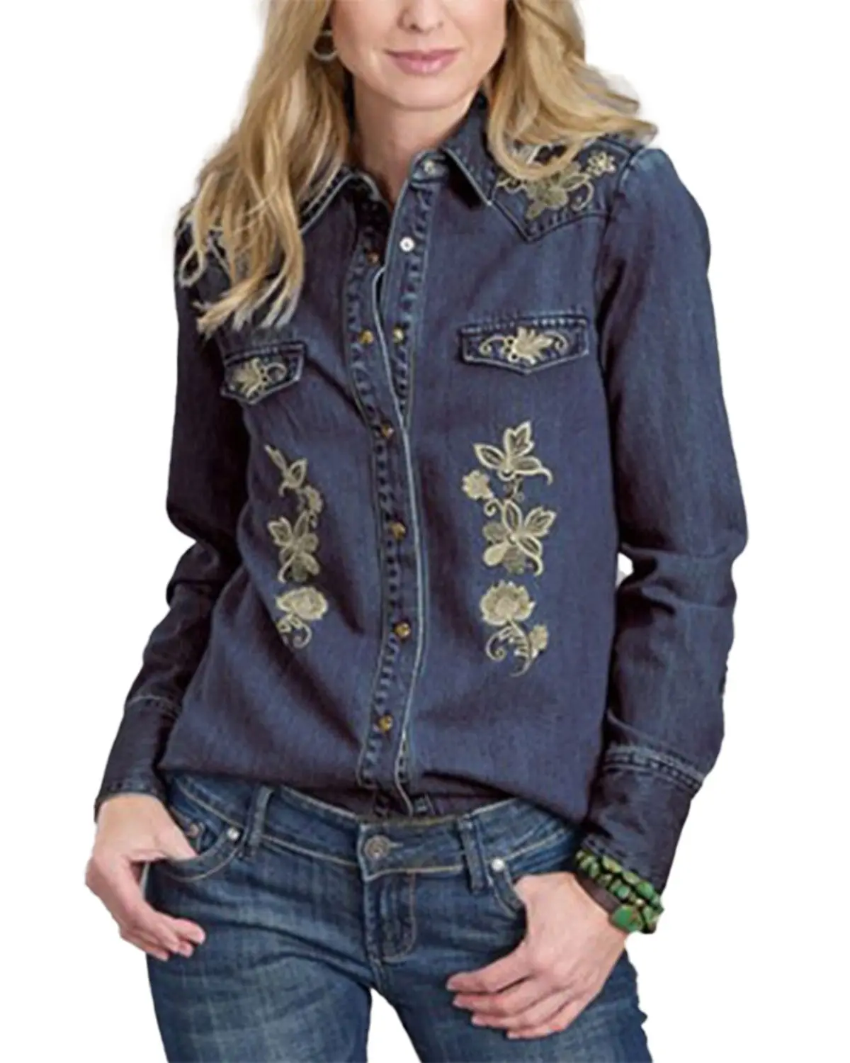Stetson Women's Women'S Floral Embroidered Long Sleeve Snap Denim Shirt - 11-050-0565-1062 Bu