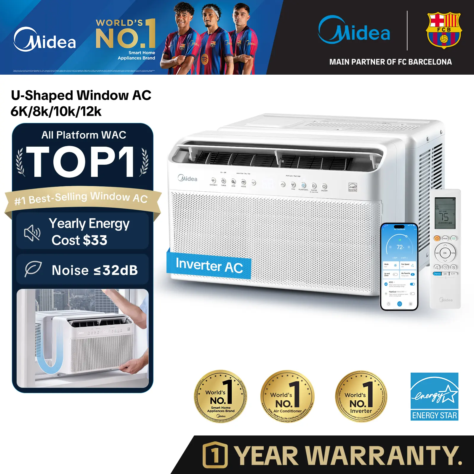 Midea 6K/8K/10K/12K BTU U Shaped Smart Inverter New Window Air Conditioner,  2026 version AC, Cools up to 450 Sq. Ft.,Ultra Quiet with Open Window Flexibility, Works with Alexa/Google Assistant, 35% Energy Savings, Remote Control