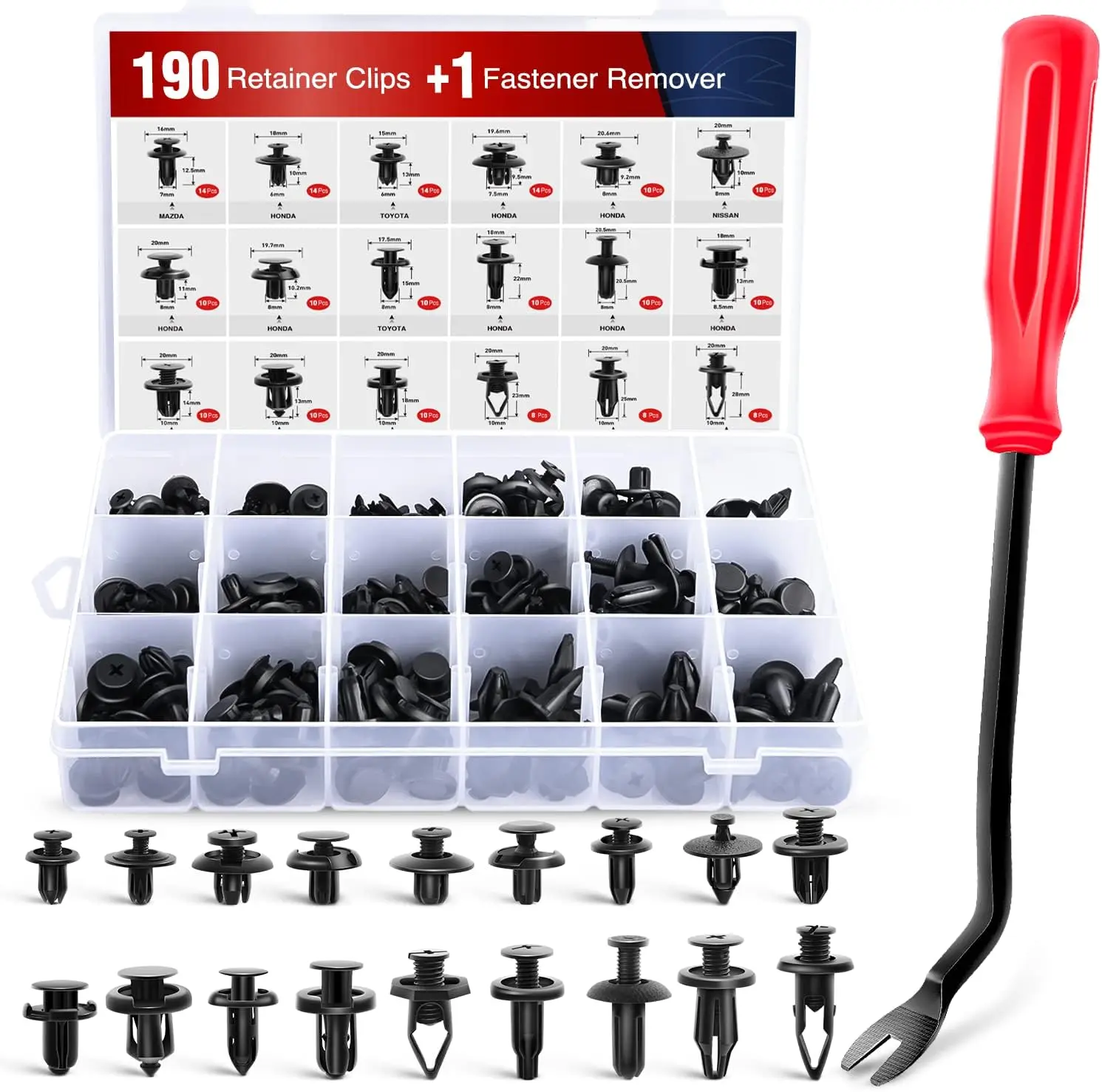 Nilight 190-Piece Car Retainer Clips Set with Fastener Remover, 18 Popular Sizes Auto Push Pin Rivets, Car Parts Auto Parts Accessories for Door Trim Panel Replacement & Vehicle Detailing, Cars Accessories