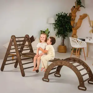 3in1 Montessori Climbing Set: Triangle Ladder + Climbing Arch + Slide Board – Chocolate