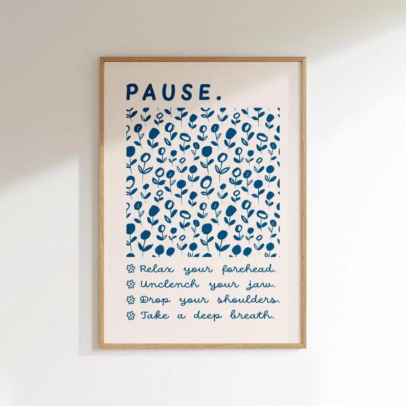 Grounding Technique Poster, Relax Sequence, Anxiety Relief Blue Art, Therapy Office Wall Decor, Stress Pause Unframed Print