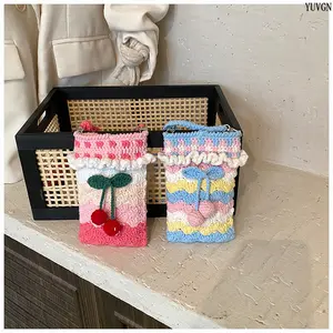 2PCS Handmade Crochet Cherry Phone Crossbody Bag, Cute Pink Gradient Knit Shoulder Purse with Ruffled Edge, Mini Cell Phone Pouch for Women Daily Travel Casual Use & Gifts