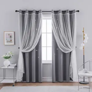 Double layer Nordic minimalist French lace gauze one-piece full blackout perforated star bedroom living room balcony curtains