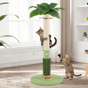 37.5'' Tall Sisal Cat Tree Scratching Post for Indoor Cats, with Cute Mouse Hole Toy, Interactive Rotating Ball Self Groomer Brush for Kittens and Adult Cats