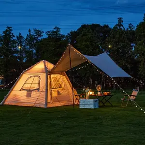 2-4 Person 7.5x7.5ft Inflatable Air Tent - Canvas Bell Style with Stove Jack, 210D Oxford Fabric, Quick-Inflate Design Built-in Air Pump Ready, Waterproof Wind-Resistant Camping Shelter, Spacious Interior