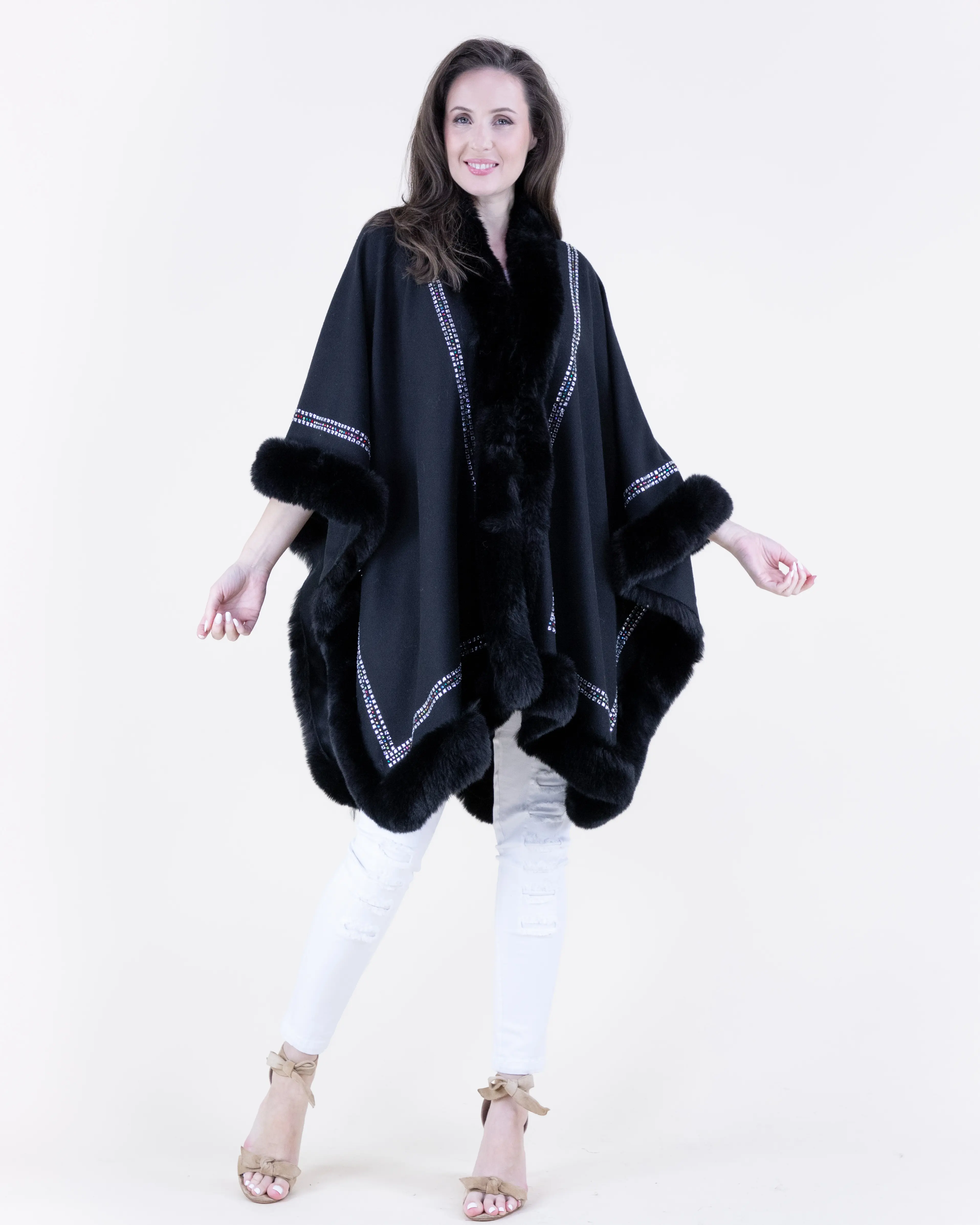 Women's Rhinestone Embellished Plush Faux Fur Cape with Shawl Collar – Elegant and Cozy Winter Cape
