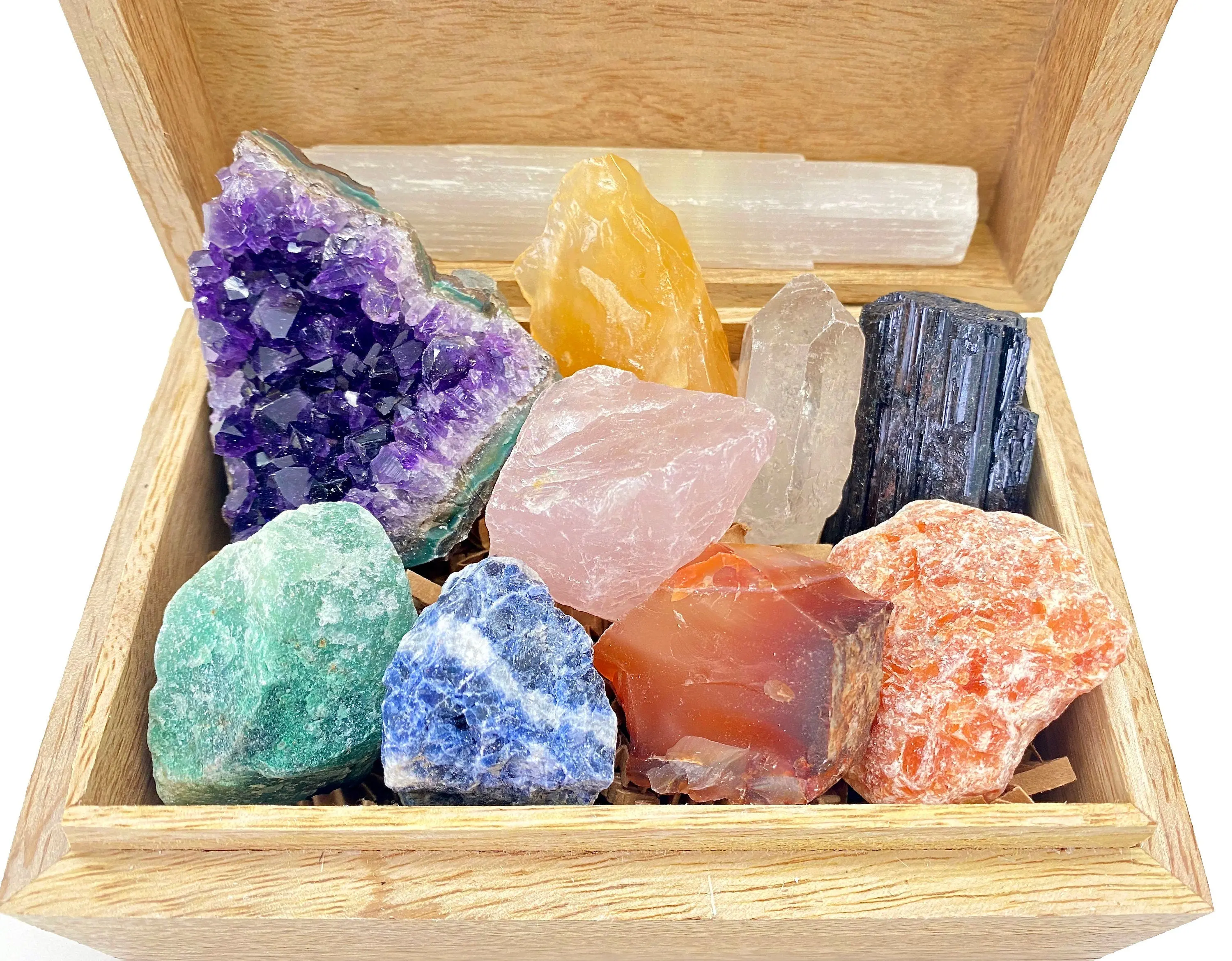 Healing Crystals Set with Wooden Box (Raw) - Chakra Balancing, Energy Healing, Energy Cleansing
