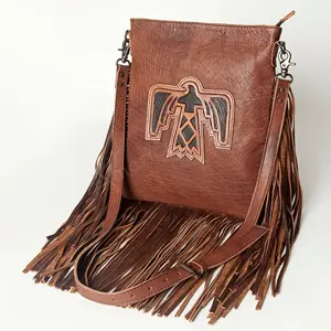 Women Western Leather Fringe Crossbody Bag with Hand-Tooled Wave Panel & Detachable Strap for Rodeos Festivals or Everyday Wear