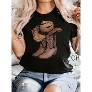Women'S Casual Crew Neck T-Shirt with Cowboy Hat & Boots Print - Short Sleeve Summer Top for Western-Themed Outfits, Western T Shirts Womenswear Streetwear Black Crewneck Country Music Tee Fitted