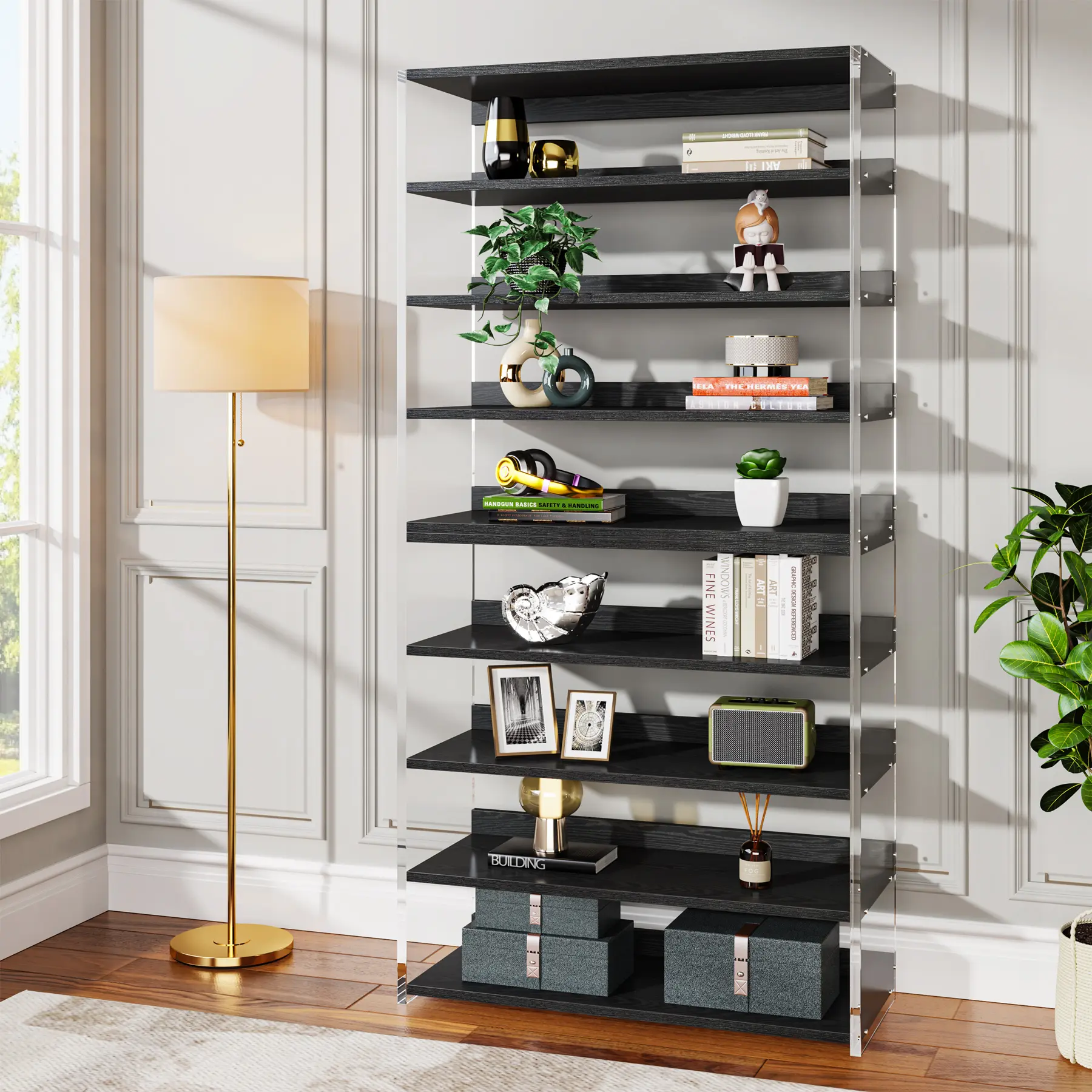 LITTLE TREE 8-Tier Acrylic Bookshelf, Modern Bookcase with Wood Shelves, 63" Display Storage Rack for Living Room, Bedroom, Home Office (Without LED)