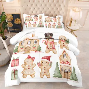 Cute Christmas Gingerbread Man Bedding Set, Includes 1 Quilt and 1 or 2 Pillowcases Without Pillows, Soft and Comfortable