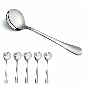 5-Piece Stainless Steel Iced Tea Spoons Set, 6.81 Inch Round Head Sleek Scoop Cutlery Tableware for Soup Salad Snacks Curry Ice Cream Dishwasher Safe