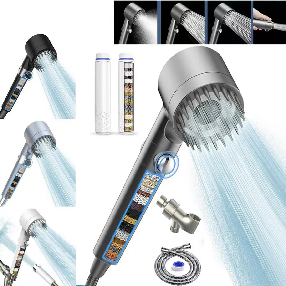 Hard Water Handheld Water Softener Showerhead, 4 Spray Modes, Clog‑Free Filter Jets, Chrome Finish, Removes Chlorine, Shower Hose Included