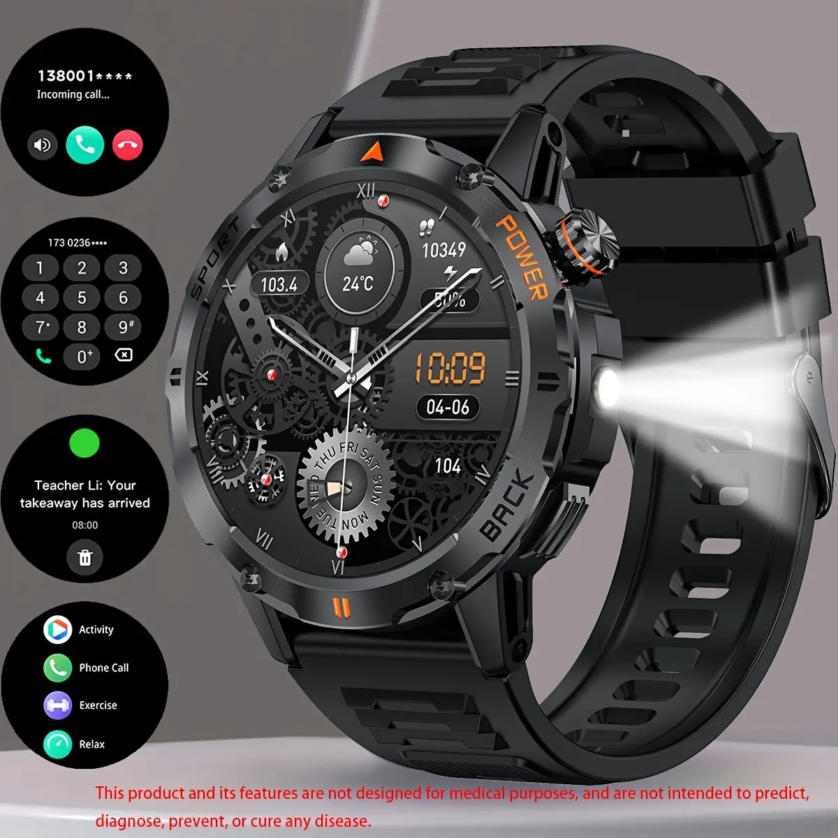 COIUSOR Men'S Smartwatch 1. 53-Inch, Wireless Calling, LED Flashlight, Syncs Smartphone Information, IP67 Rating, Multiple Sports Modes, Casual Style, Easy One-Button Connection, Compatible with iPhone And Android Phones, a Smart Life Assistant for Outdoo