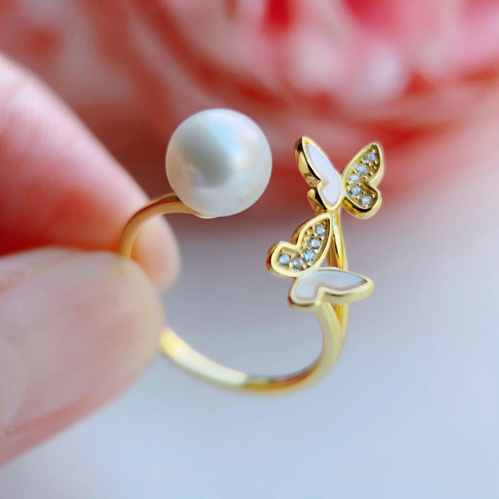 Piswency Genuine Freshwater Pearl Ring, Butterfly Design Round Pearl in Natural Color, S925 Sterling Silver Adjustable Ring, Gift for Her