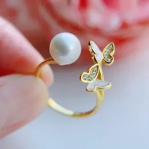 Piswency Genuine Freshwater Pearl Ring, Butterfly Design Round Pearl in Natural Color, S925 Sterling Silver Adjustable Ring, Gift for Her