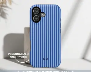 Personalized Blue Phone Case Custom Monogram iPhone Case Aesthetic Striped Phone Case Summer Coastal Phone Case Preppy Phonecase Blue Beachy
