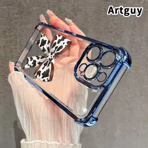 Trendy Cow Print Bow Pattern Four Corner Anti-Fall Phone Case Transparent Electroplated Protective Cover for iPhone 17 Pro Max Air 16 15 Plus 14 13 12 11 E