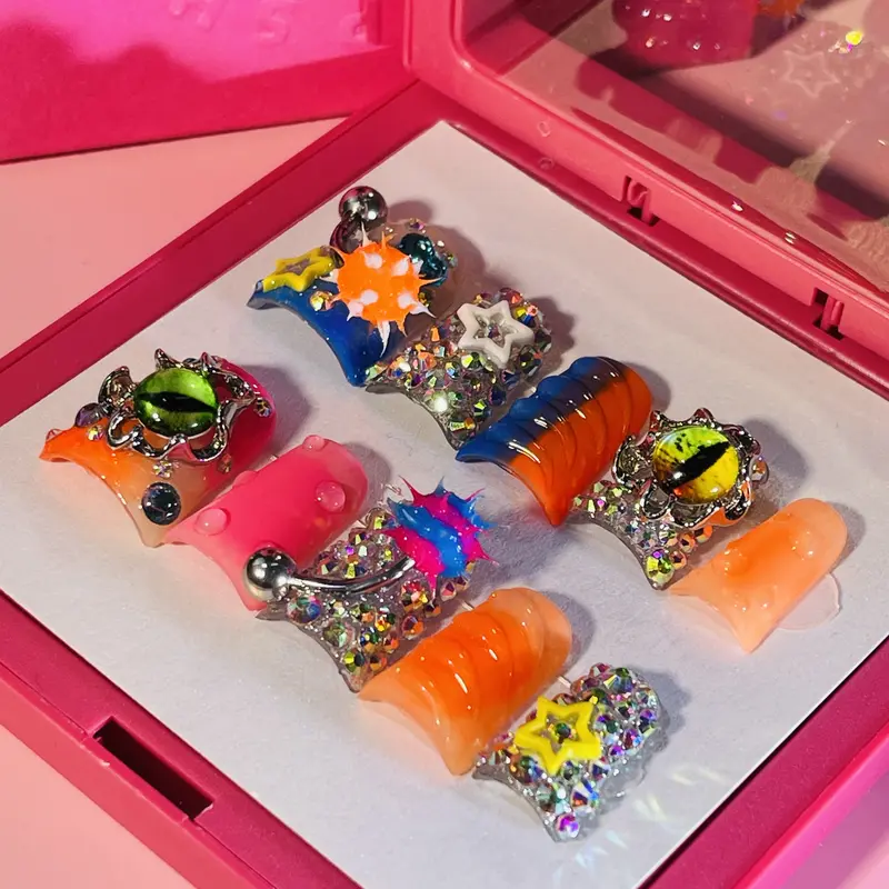 10 PCS Handmade Wearable Duckbill Press On Nails, Glitter Decorative Acrylic Set with 3D Eye Accents, Star Rhinestones, Piercing Details & Nail Designs, Glitter Decorative Nails