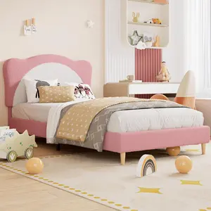 Twin upholstered Bed Frame for Kids - Adjustable Scallop Headboard with Velvet Platform - No Box Spring Needed-Pink + White
