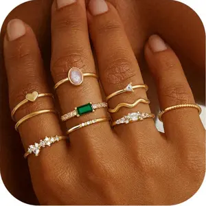 Fansilver 14K Gold Plated Stacking Rings for Women Simple Dainty Gold Stackable Knuckle Thumb Rings Heart CZ Opal Rings Plain Band Size 5-11 Summervibes