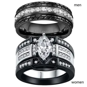 His And Hers Couple Rings Black Plated 3pcs Womens Wedding Ring Sets Titanium Steel Mens Ring Wedding Bands Marquise Cut AAA CZ Mainstone
