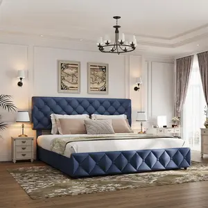 Blue modern bed frame with adjustable headboard, linen upholstered platform bed frame with 4 drawers, wooden slatted supports, no box spring required, diamond stitched buttons