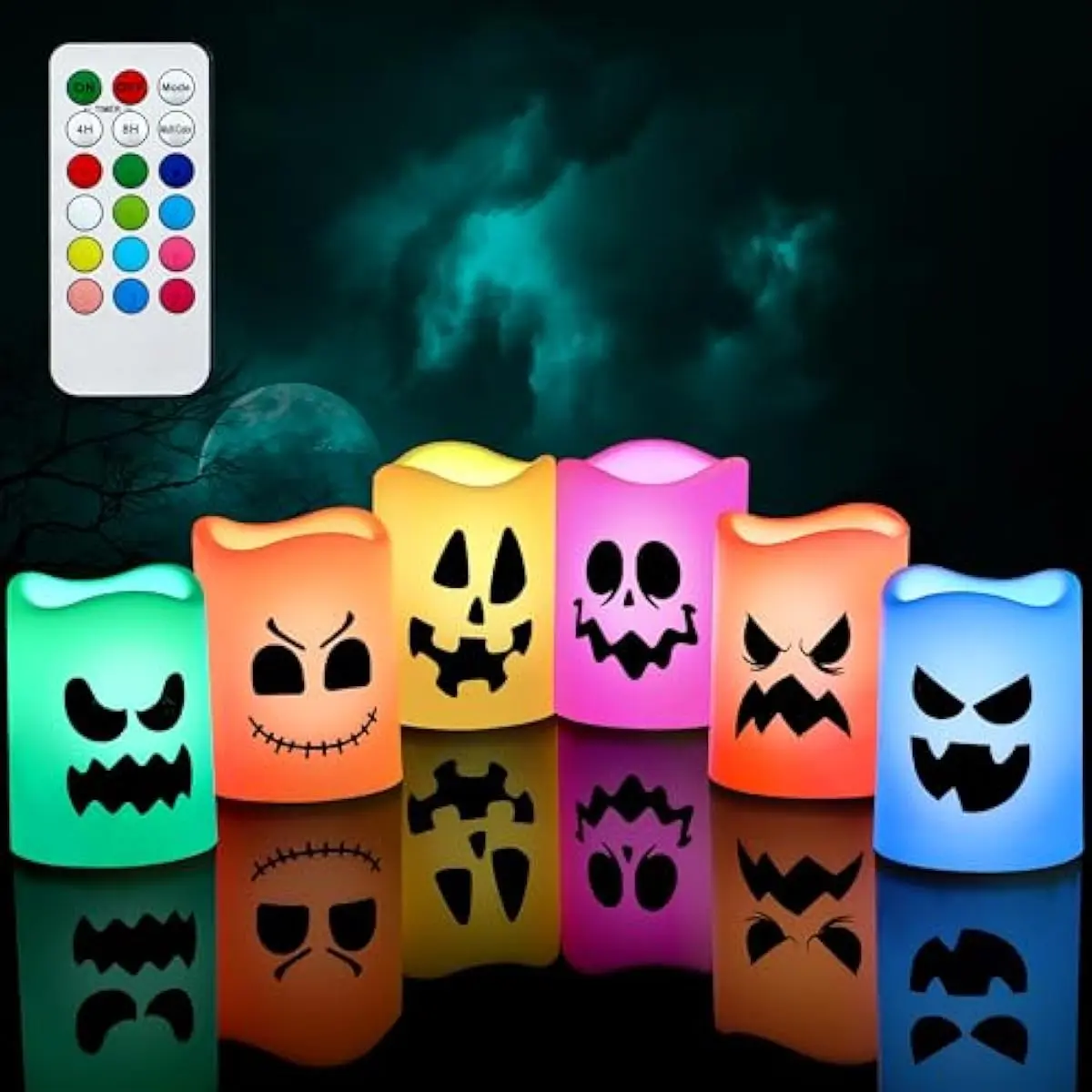 6 Pcs Halloween Flameless Candles Decorations with Remote Timer, Color Changing LED Lights Lamp Indoor, Battery Operated Party Favors Haunted House