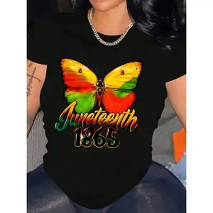 Summer t Shirts Vibrant Juneteenth 1865 Graphic Print Plus Size T-Shirt - Black Casual Crew Neck Short Sleeve Top for Women, Lightweight & Breathable Summer Tee