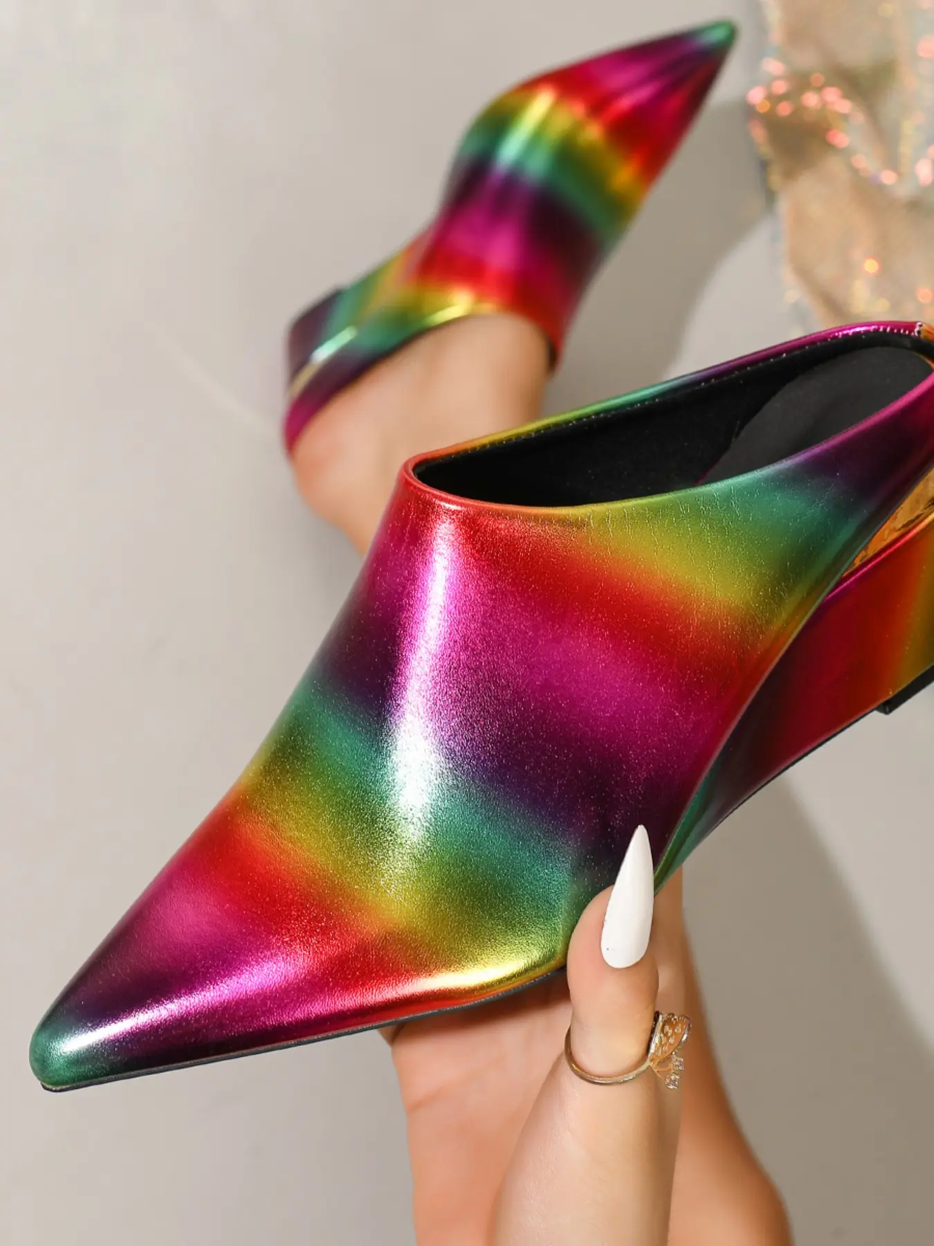 Rainbow Stripe Pointed Toe Flatform Sandals, Comfortable Thick Sole Slip-On High Heels, Fashion Party Shoes for Women, Thick Soled Sandals