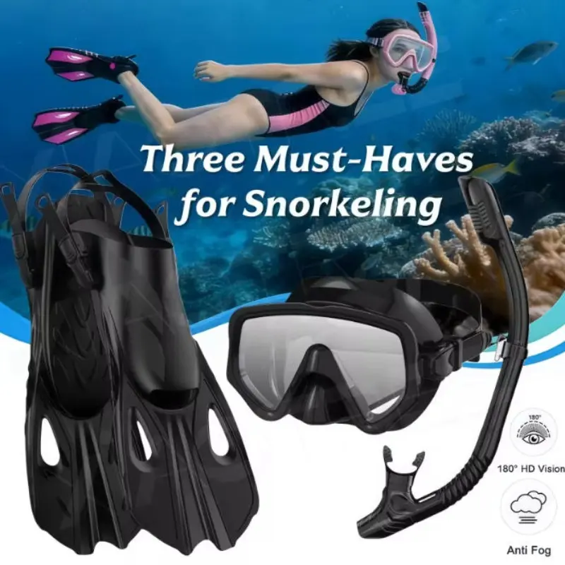 Full Face Breathing Tube Mask Swimming Fins Snorkel Set, Snorkeling Gear, Adult Foldable Design, Safe Breath, Anti-Fog Leakproof Diving & Swimming Equipment
