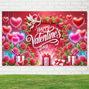 2D flat banner1pc Happy Valentines Day Banner Shoot Backdrop Decoration Romantic Love Banner Red Pink Valentines Day Backdrops Little Angel Wedding Anniversary Background Decoration Studio Decorations sIndoor/Outdoor Decoration