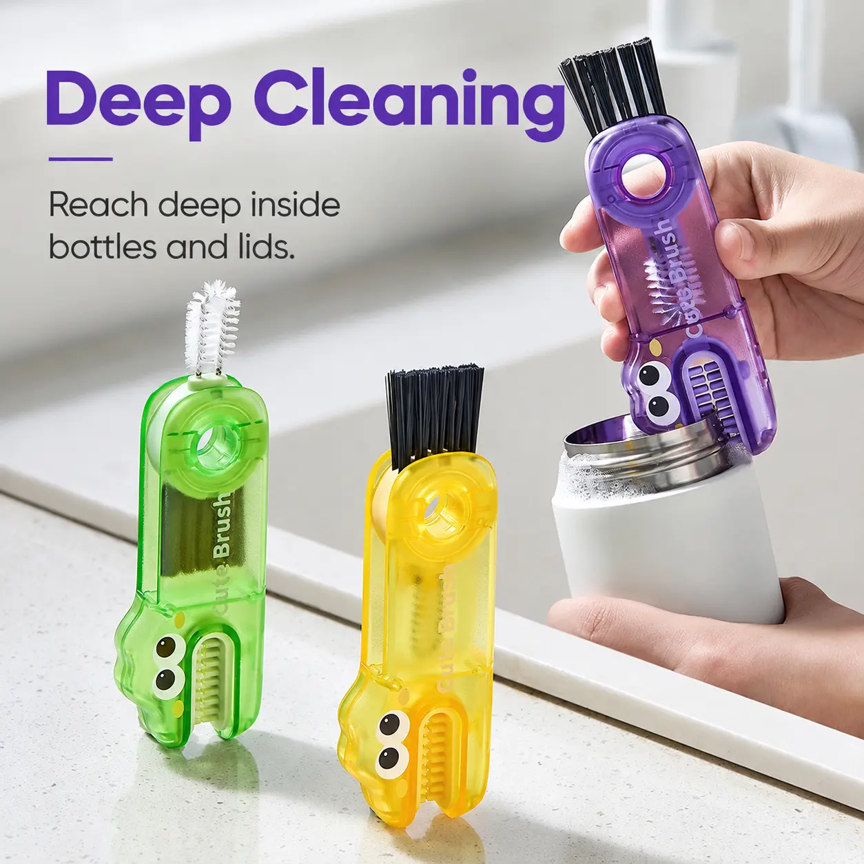 3-in-1 Compact Crocodile Cup Cleaning Brush with Straw and Lid Cleaners for Bottles and Tumblers