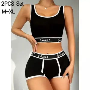 2 Piece Sets/ EssElegance Women's Letter Tape Wireless Bra & Contrast Binding Panty Shorts Sets, Soft Comfy Breathable Mid Rise Boyshort Lingerie Set for Daily Wear, Ladies Athletic Undergarment Set, Underwear for Women Underwear Set,Clothing Casual Camis