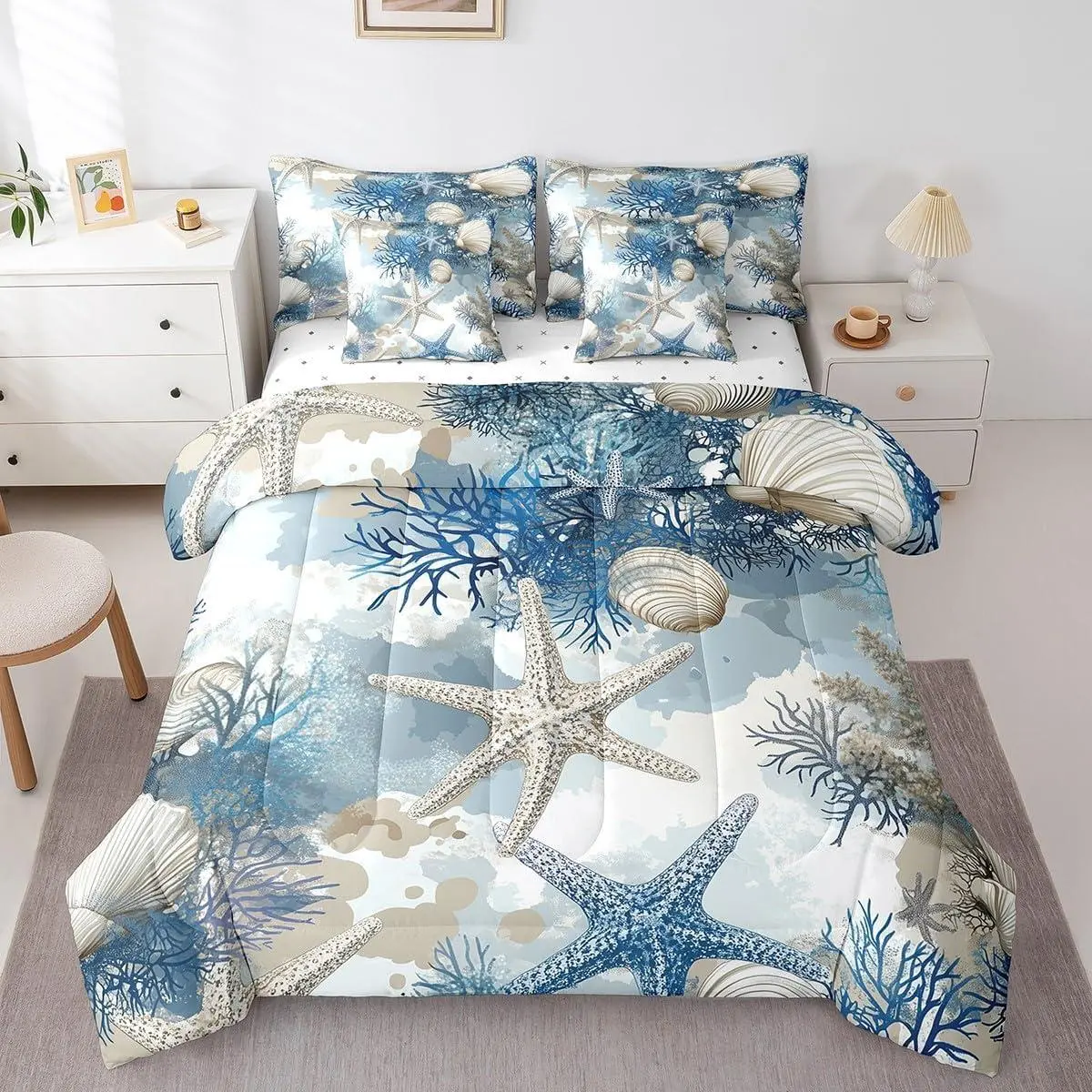 Feelyou 7-Piece Microfiber Luxe Ocean Themed Bedding Set - Reversible Seashell Comforter Bed-in-A-Bag, Multi-Size Super Soft All-Season Linens for Kids’ Bedrooms, Coastal Vibe Home Decor