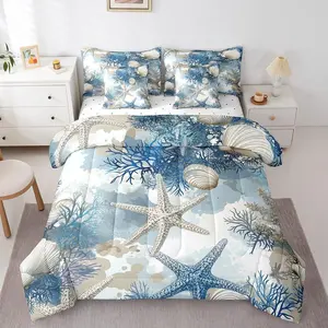Summer Starfish Bedding Set,7 Piece Bed in A Bag Seashell Comforter Set for Kids Teens Super Soft All Season for Bedroom,Hawaii Ocean Reversible Bed Sets